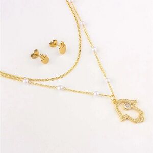 Michelle Stainless Steal Hamsa Hand of Fatima Necklace & Earrings Set in Gold